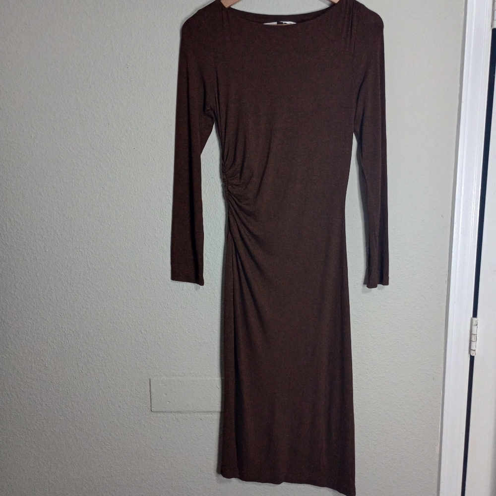 Vintage Diane Von Furstenberg Chocolate Brown Midi Dress Long Sleeve Ruched